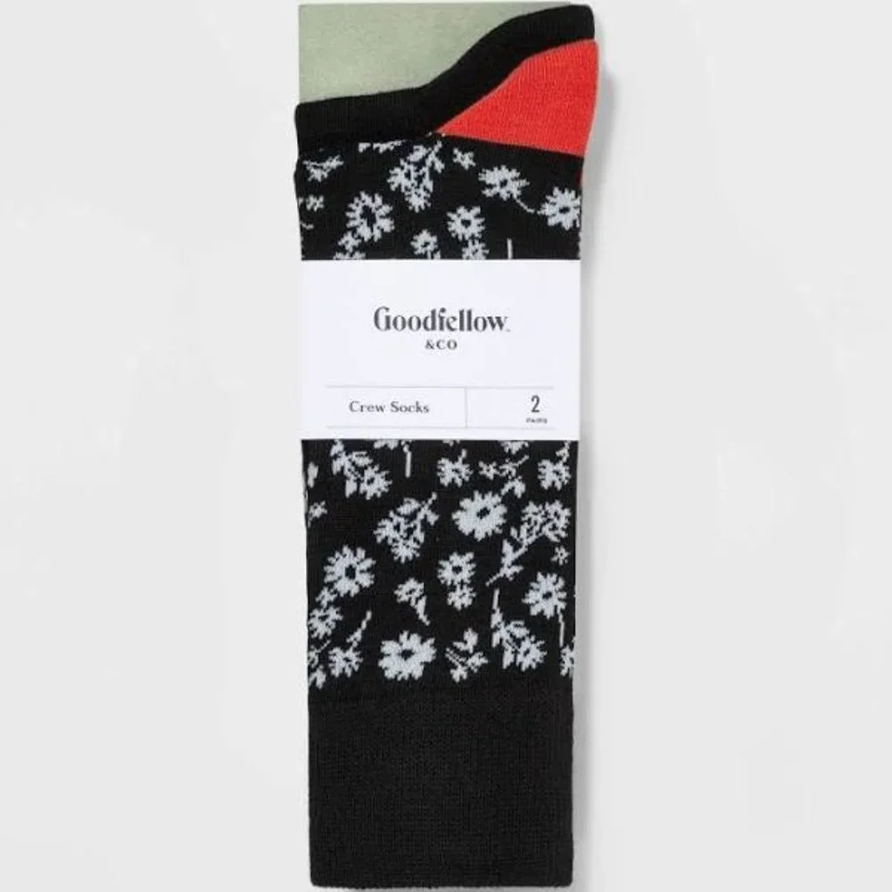 Goodfellow & Co. Men's Black Floral Novelty Crew Socks 2pr, L (7-12)